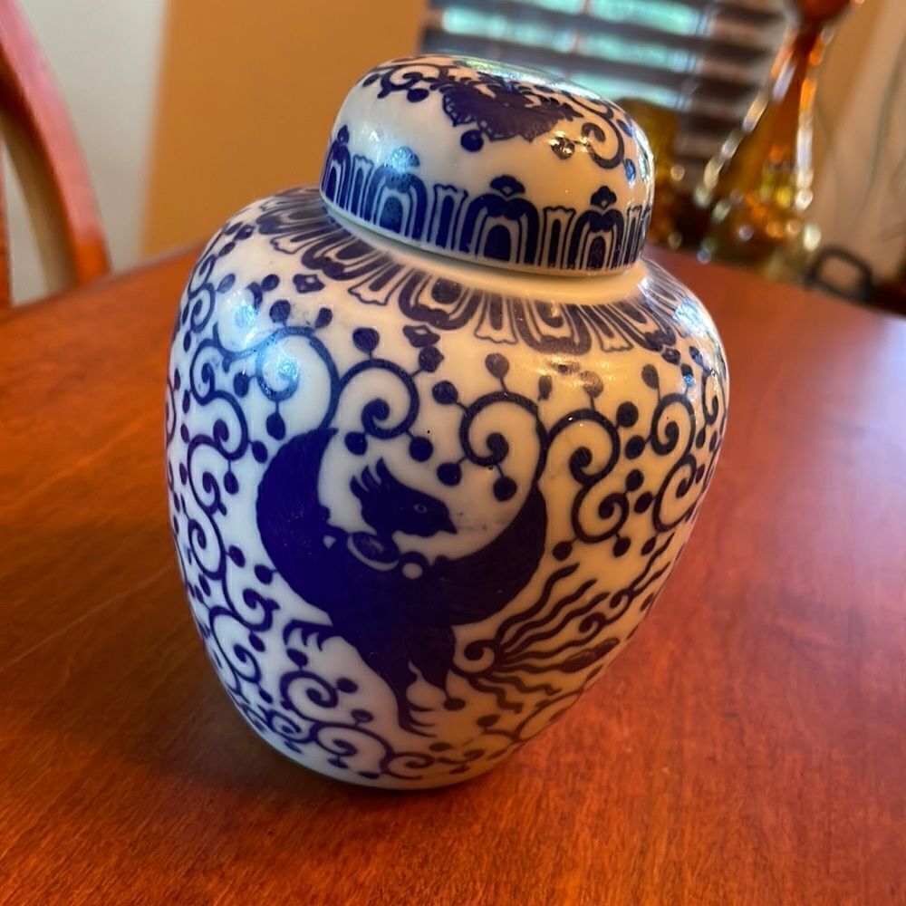 Vintage Japan Blue Phoenix Ginger Jar with Insert